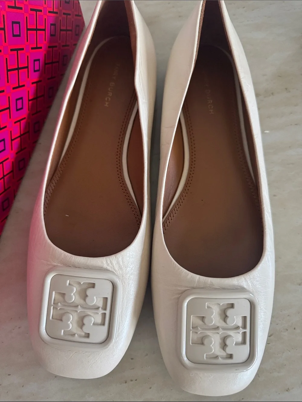 Tory Burch Cream Leather Logo Square-Toe Ballet Flats